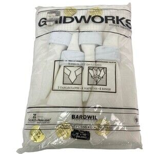 Tablecloth 4 napkins & 4 Rings Vintage BARDWIL White Oblong 60”x102” Woven NOS